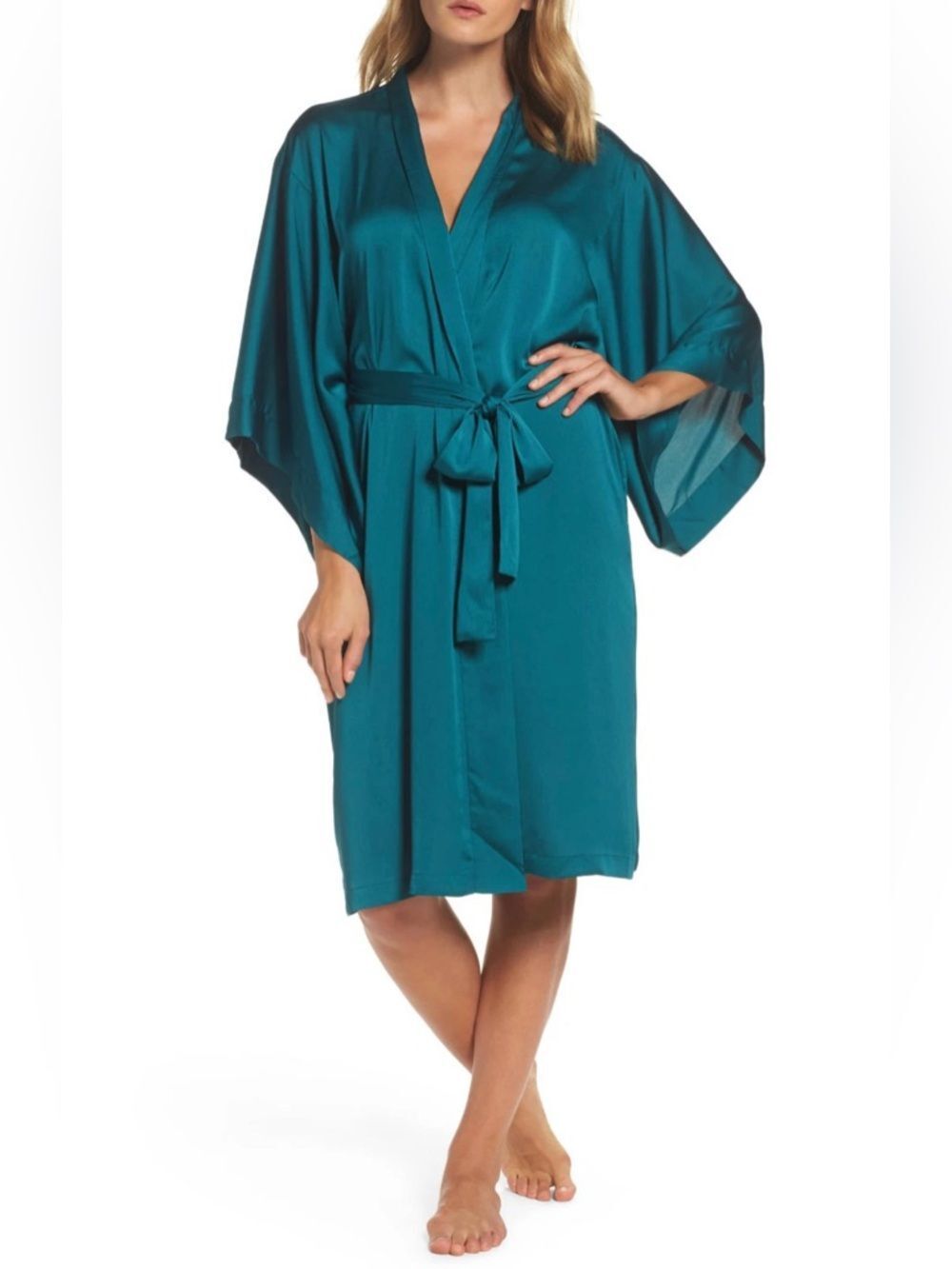 Natori Satin Kimono Robe | Emerald Teal |Side Pockets | Self Tie Belt